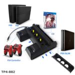 New World PS4 Slim PS4 Pro Multifunction Console Vertical Stand with Cooling Fan and Charging Dock and Disc Stand