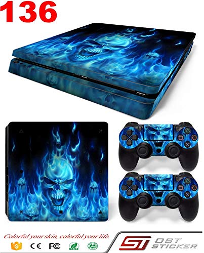 New World SKULL WITH BLUE FIRE Theme Design skin sticker for PS4 Slim Console and Controller [video game]