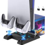 New World Cooling Stand for PS5 Dual Controller Charging stand Dock PS5 Vertical Stand for Digital Edition/Ultra HD Console, Cooling Station with 11pcs Game Rack Organizer