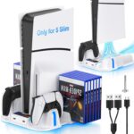 New World PS5 Slim Cooling Stand with Controller Charging Station for PS5 Slim Console(Digital/Disc), PS5 Slim Accessories Incl. 3 Levels Cooling Fan, 12 Pcs Game Storage for Playsation 5 Slim