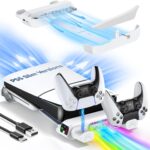 New World Horizontal Cooling Stand Replacement for PS5 Slim Disc & Digital Only, Dual PS5 Controller Charger with 3-Level RGB Cooling Fan, for 2023 PS5 Slim Console (NOT Fit 2020 PS5 fat )