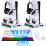 New World Cooling Fan Stand for PS5 Slim Disc/Digital Edition with Controller Charging Station, Vertical Stand for PlayStation 5 Slim Console Accessories with 9RGB Light, 3USB Port, Headset Holder