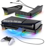 Horizontal Stand with RGB Light for PS5 Slim, Laydown Base Holder for Playstation 5 Slim Disc/Digital Edition with 14 Colorful Light & 4 USB Port, Stable Bracket for PS5 Slim Accessories (Black)