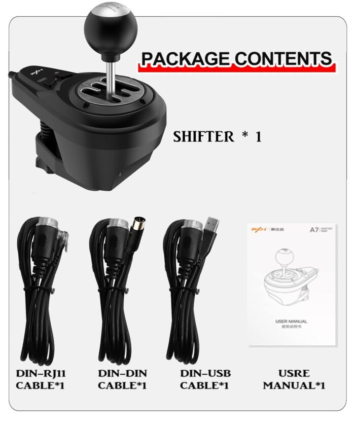 PXN A7 Gear Shifter for Gaming Steering Wheel - H Shifter with 6-Speed, 3 Cables(USB, RJ11,DIN), Push Down Reverse Gear, P-Brake and High&Low Speed Buttons - Universal on PC With warranty - Image 4