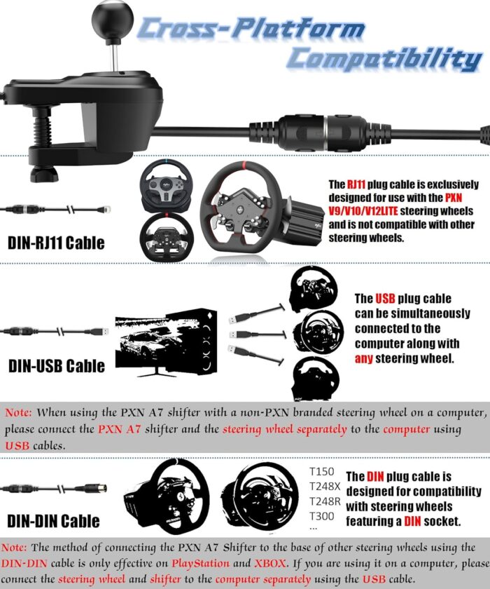 PXN A7 Gear Shifter for Gaming Steering Wheel - H Shifter with 6-Speed, 3 Cables(USB, RJ11,DIN), Push Down Reverse Gear, P-Brake and High&Low Speed Buttons - Universal on PC With warranty - Image 6